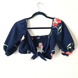 Floral Navy Top with Puff Sleeves